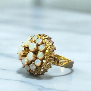 VINTAGE Art Deco MCM OPAL 12K Gold 19 Stone Pyramid Cluster Estate Ring